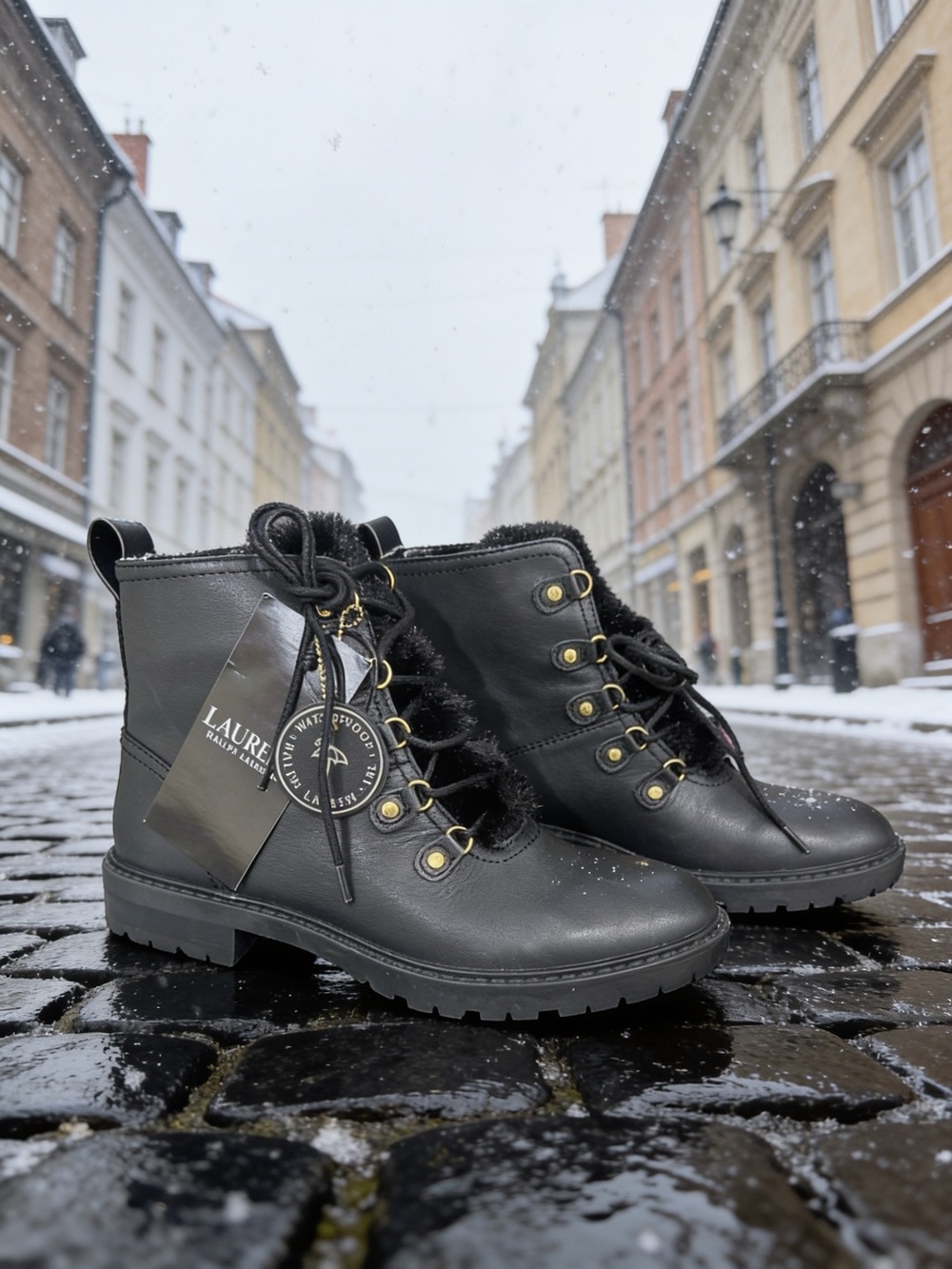 Ralph Lauren Black Lace-Up Faux Fur Trim Ankle Combat Boots